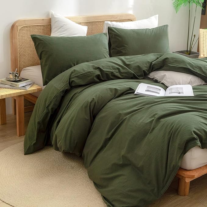 BESTOUCH Duvet Cover Set 100% Washed Cotton Linen Feel Super Soft Comfortable Chic Lightweight 3 PCs Home Bedding Set Solid Olive Green Oversized Full