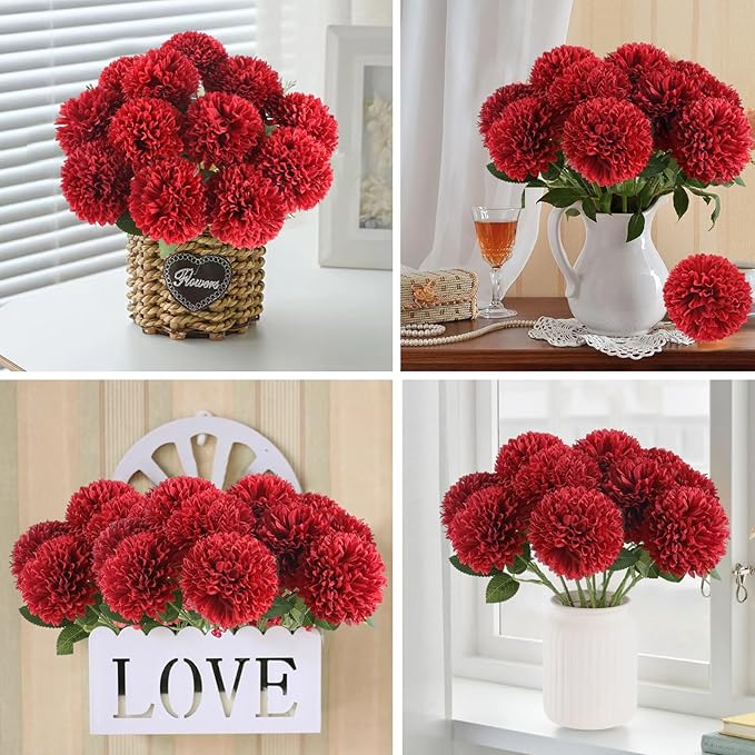 Hananona 12 Pcs Artificial Chrysanthemums Flowers Burgundy Red Flowers, Fake Mums Silk Flowers for Spring Home Decor Christmas Floral Arrangement Halloween Table Centerpiece (12, Burgundy)