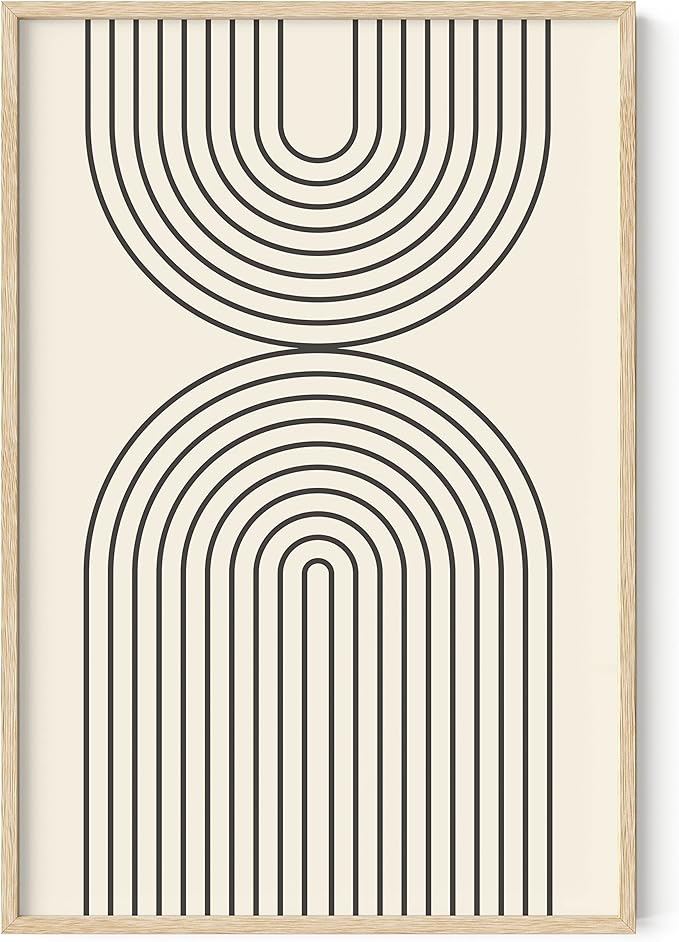 HAUS AND HUES Neutral Wall Art Prints for Wall Decor - Boho Art Wall Prints Mid Century Modern Decor Line Art and Geometric Wall Decor Black Semi Circles Reflected (24x36 Framed Beige)