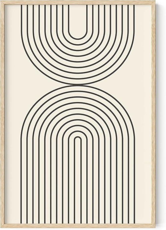 HAUS AND HUES Neutral Wall Art Prints for Wall Decor - Boho Art Wall Prints Mid Century Modern Decor Line Art and Geometric Wall Decor Black Semi Circles Reflected (24x36 Framed Beige)