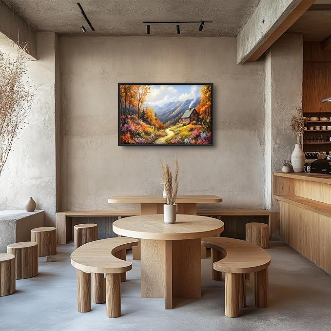 Framed Large Autumn Mountain Wall Art for Living Room, Oversized Wildflower Tree Wall Decor Nature Landscape Canvas Painting Modern Artwork Home Decoration for Living Room Bedroom 36"x24"