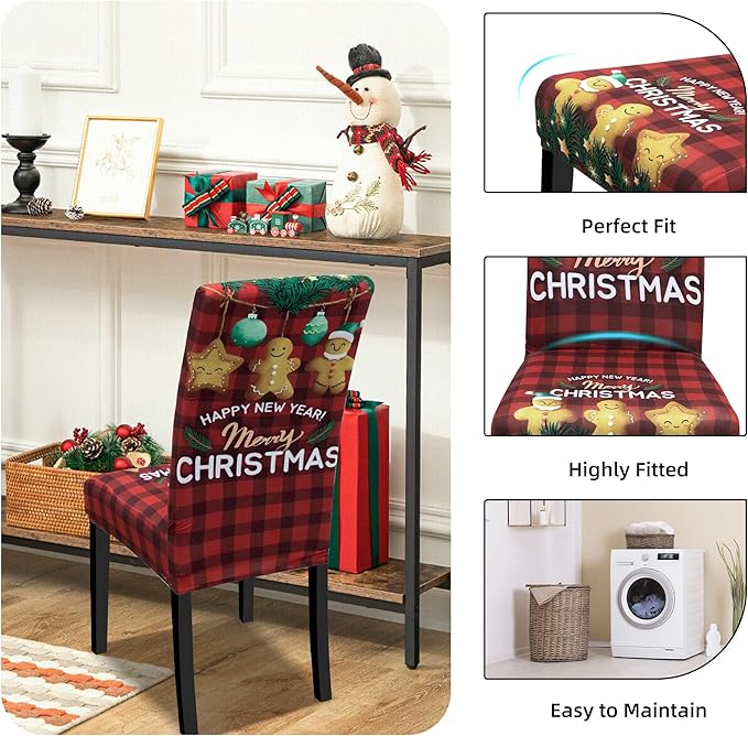 Christmas Chair Covers for Dining Chairs, Dining Room Chair Covers Set of 4, Stretch Parsons Chair Slipcovers, Removable Washable kitchen Chair Cover for Home Hotel Banquet Holiday Decoration