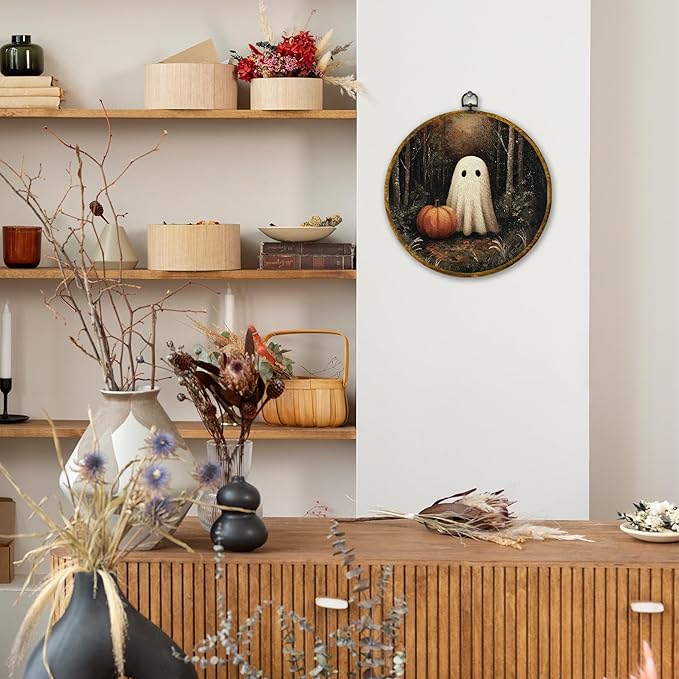 Mcehtle Vintage Halloween Dark Forest With Ghosts Wall Art Decor, Rustic Farmhouse Cottagecore Framed Canvas Prints 10x10, Dark Academia Round Wall Hanging Artwork Decorations for Bedroom Gallery