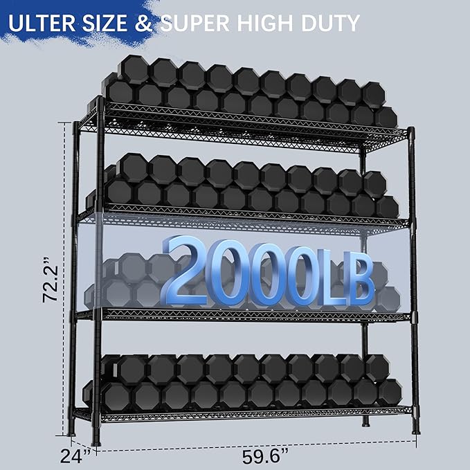 Heavy Duty Shelving, 72.2" H Garage Shelving Unit with Leveling Feet, 4-Tier Adjustable Garage Storage Shelves Metal Rack, Industrial Shelving for Warehaouse Storage, 60" W x 24" D x 72.2" H, Black