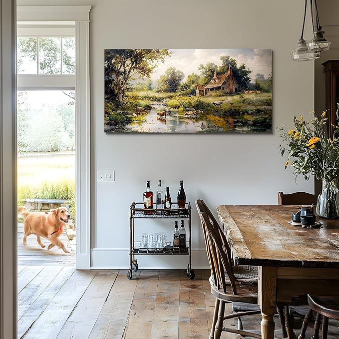 crmotu Large Wall Art for Living Room, Farm Landscape Canvas Painting, Riverside Forest Cottage Scenery Art Prints, Animal Cow Sheep Modern Farmhouse Bedroom Bathroom Pictures Wall Decor 30"X60"