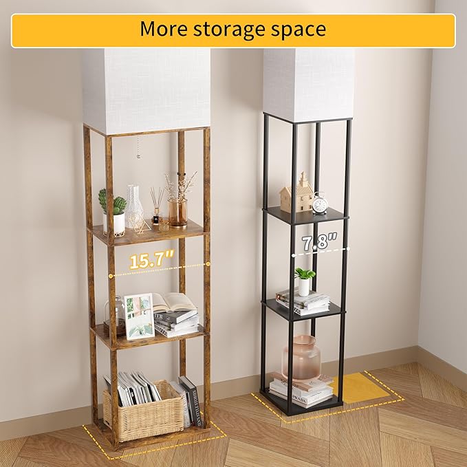 Dott Arts Floor Lamp with Shelves, Wide Floor Lamps for Living Room Display Shelf Lamps with 3 Color LED Bulb,Storage Wood Modern Floor Lamp for Bedroom Standing Lamp for Living Room Office（Brown）