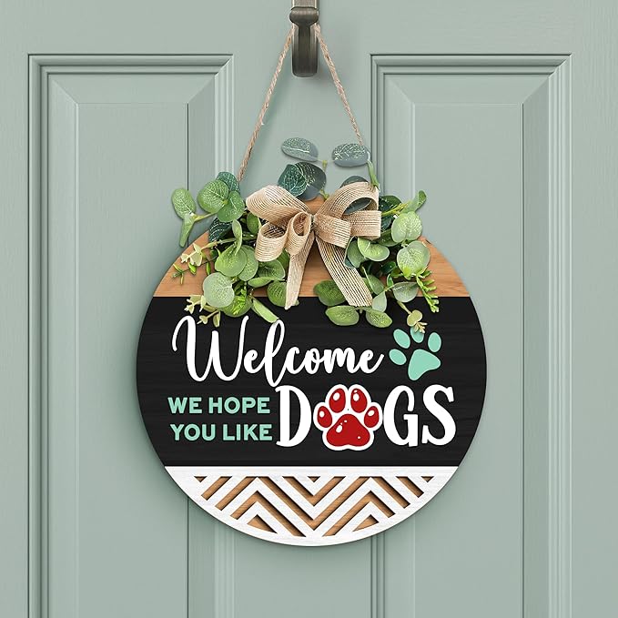 GOSSBY Interchangeable Welcome Sign for Front Door - WE HOPE YOU LIKE DOGS - Seasonal Rustic Wood Wreath - Hanging Wall Sign Decoration for Outside, Porch, Farmhouse - New Home, Housewarming Gift