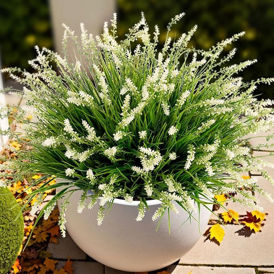Artificial Faux Plants Flowers for Outdoor Decorations, Fake Monkey Grass for Outside Porch Patio, No Fade Realistic Greenery Plant, UV Resistant Artificial Shrubs for Courtyard Window Garden