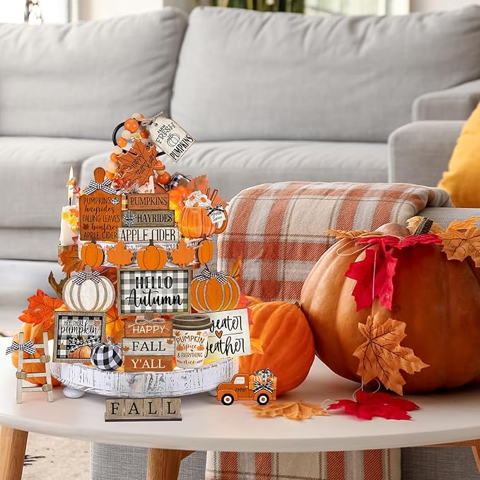 21 Pcs Fall Tiered Tray Decoration Set Thanksgiving Table Sign Pumpkins Farmhouse Gnome Maple Leaves Centerpieces Harvest Wood Blocks Signs Fall Block Tabletop for Autumn