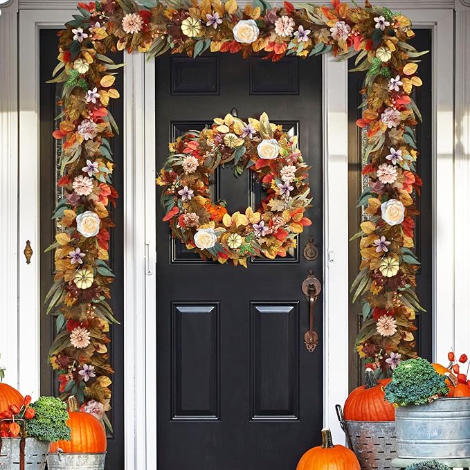 Fall Garland with Lights, 6 FT Fall Leaves Vine Garland with Pumpkins Sunflower Dahlia Flower Autumn Artificial Maple Leaf Decorations for Mantle Outdoor Indoor Thanksgiving Halloween Window Decor