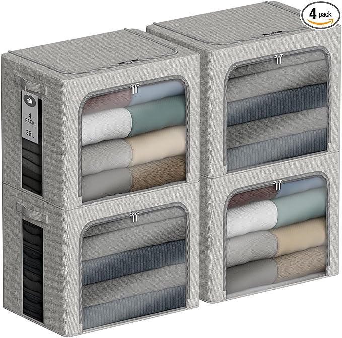 4 Pack Clothes Storage Bins with Metal Frame - 36L Stackable Storage Box with Lid，Foldable Storage Container Organizer for Clothes，Linen Fabric Storage Box with Clear Window＆Zippers＆Handles