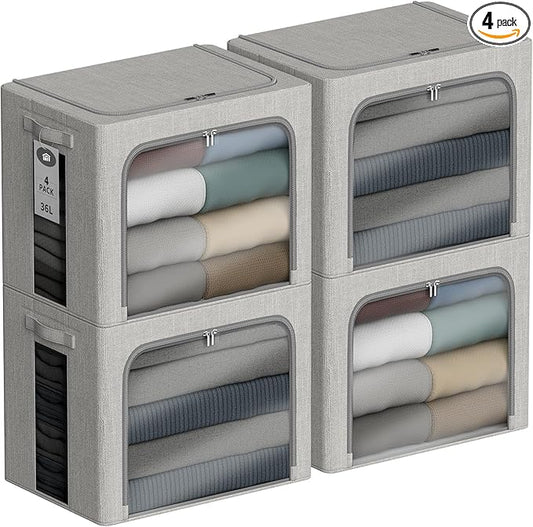 4 Pack Clothes Storage Bins with Metal Frame - 36L Stackable Storage Box with Lid，Foldable Storage Container Organizer for Clothes，Linen Fabric Storage Box with Clear Window＆Zippers＆Handles