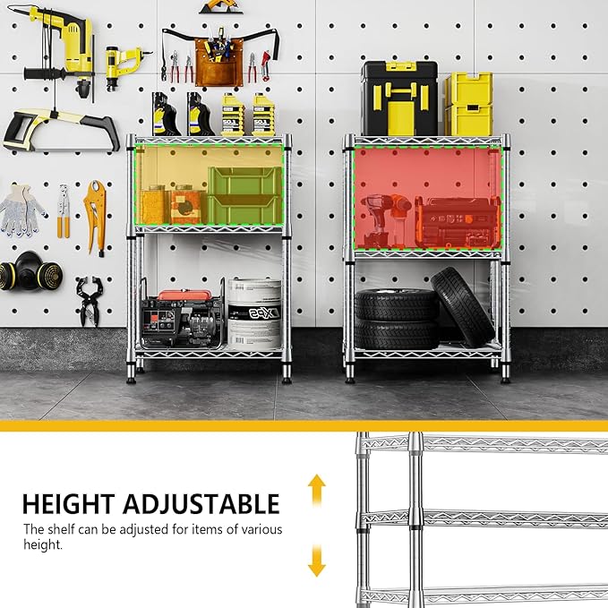 750 lbs 3 Tier Shelf Metal Storage Shelves Shelving Wire Rack Heavy Duty Closet Organizers for Garage Kitchen Bathroom Laundry Chrome 13.8" D x 23.6" W x 35.5" H