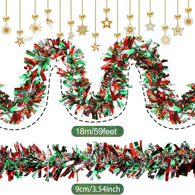 Dingion 59 Feet Christmas Tinsel Garland Metallic Twist Ornaments Hanging Glitter Xmas Garland for Christmas Tree Indoor Outdoor Decoration Party Supplies(Silver, Red, Green)