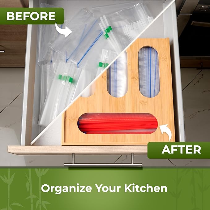 Bamboo Storage Bag Organizer, Sandwich Bag Organizer - Single block Design with Labels Included, Baggie Organizer for drawer, Quick Refill Slider, Compatible with Half Gallon, Quart, Snack size bags