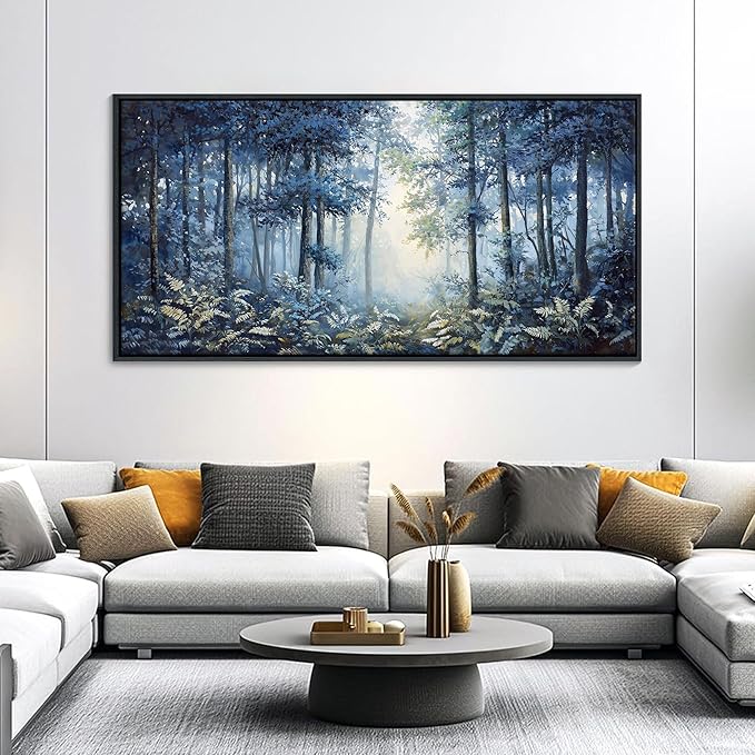 Forest Canvas Wall Art for Living Room - Navy Blue Bedroom Wall Art, Landscape Pictures Wall Decor, Forest Painting, Framed Nature Tree Artwork Walls 29×58IN