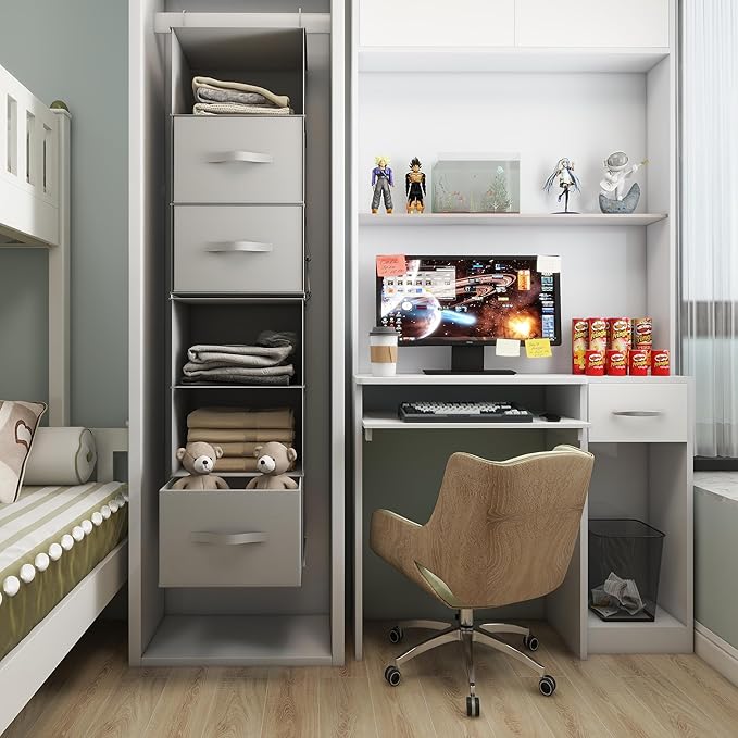 Twira 6-Shelf Hanging Closet Organizer, 2 Separable 3-Shelf Hanging Shelves, Hanging Storage with 3 Removable Drawers 4 Side Pockets, Storage Organizer for Closet, Nursery (Light Grey)