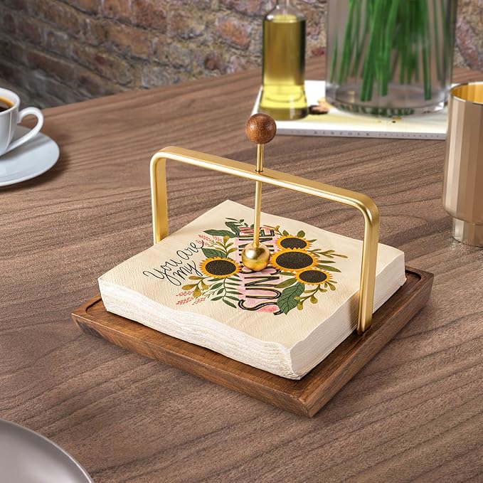 Wood Napkin Holder for Table, Square Tabletop Napkin Dispenser with Sophisticatedly Metal Center Bar, Cocktail Napkin Holder for Home, Kitchen, Office, Restaurant, Hotel, Cafe, Bar