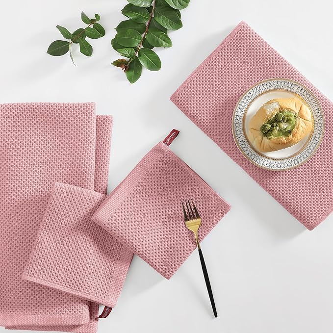 Homaxy 100% Cotton Kitchen Towels and Dishcloths Set, 12 x 12 Inches and 13 x 28 Inches, Set of 8 Bulk Kitchen Towels Set, Ultra Soft Absorbent Dish Cloths for Washing Dishes, Dried Rose