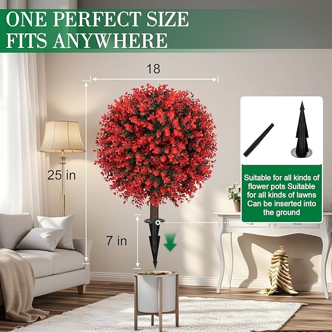 Set of 2 Artificial Red Boxwood Topiary Ball Bush for Outdoor with Ground Spike 22", UV Resistant Faux Greenery Shrubs, Fake Red&Green Boxwood Plants for Garden, Yard, Porch, Patio Decor