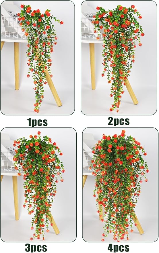 SJL Fall Artificial Hanging Plant Fall Faux Eucalyptus Leaf Fake Hanging Vines UV Resistant Fake Mums for Outdoors Faux Autumn Plants for Home Indoor Outdoor Thanksgiving Decor (Orange)