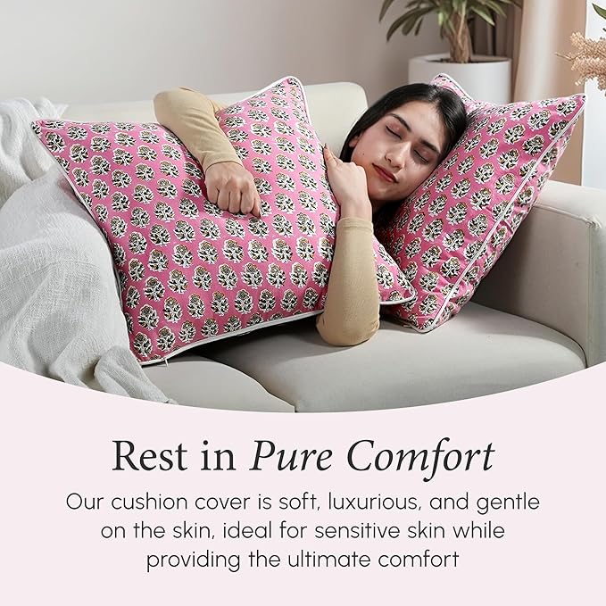 CPC 100% Cotton Throw Pillow Covers 18x18 Inch, Set of 2 Green Block Print Pattern Couch Pillow, Cute Boho Decorative Pillows for Living Room, Bedroom with Hidden Zipper- Poppy Pink