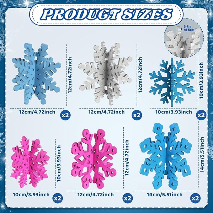 OuMuaMua 12 Sets Snowflake Christmas Table Decorations - 24pcs Blue Fuchsia Purple Sliver Wooden 3D Snowflake Decor Tabletop Centerpieces for Christmas Party Supplies Home Decor