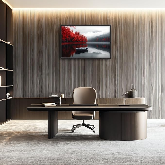 Olivine Lake Large Wall Art, Red Forest Pictures Wall Decor, Black And White Landscape Paintings, Boat Canvas Prints, Framed Artwork for Dining Room Bedroom Living Room Office Bathroom Home 36"x24"