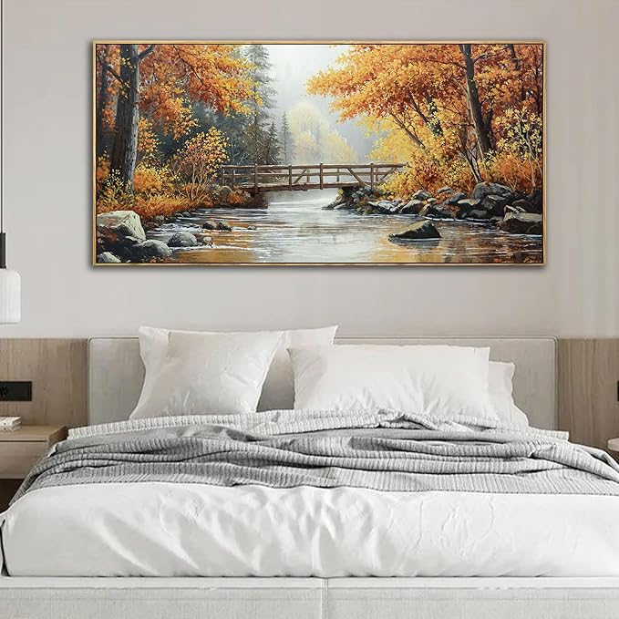 KLAKLA Large Canvas Wall Art - Rustic Landscape Burnt Orange Forest Tree Creek Print Picture Framed Artwork for Living Room Bedroom Office Wall Decor - 58x29 Inches