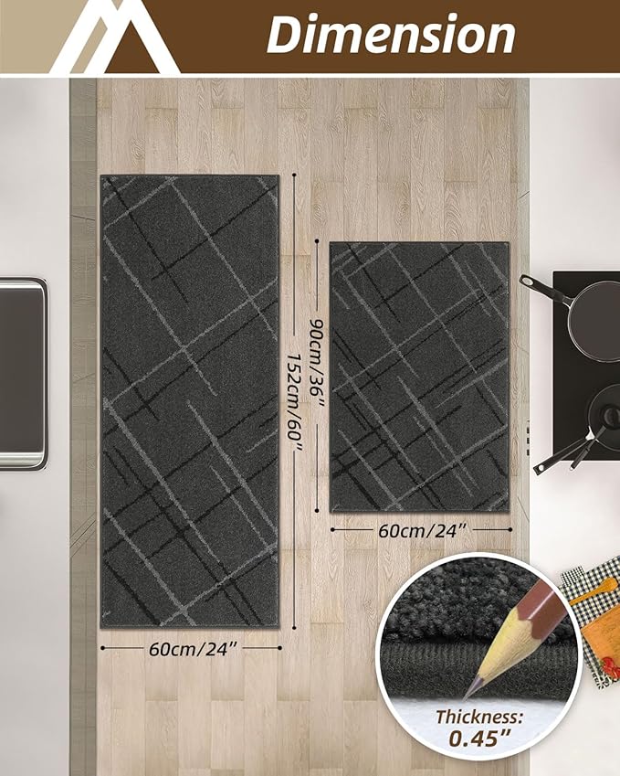 COSY HOMEER Kitchen Mats, 2 PCS Kitchen Rug Non Slip Washable, Absorbent Runner Rugs for Kitchen Floor, Polyester Kitchen Sink Rug 24"x36" + 24"x60"(Grey)