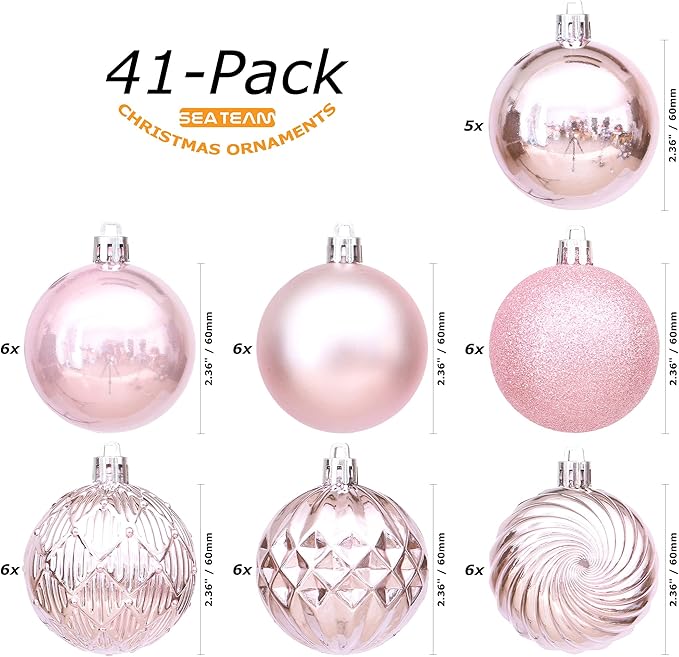 Sea Team 41-Pack Christmas Ball Ornaments with Strings, 60mm/2.36-Inch Medium Size Baubles, Shatterproof Plastic Christmas Bulbs, Hanging Decorations for Xmas Tree, Holiday, Wedding, Party, Pink