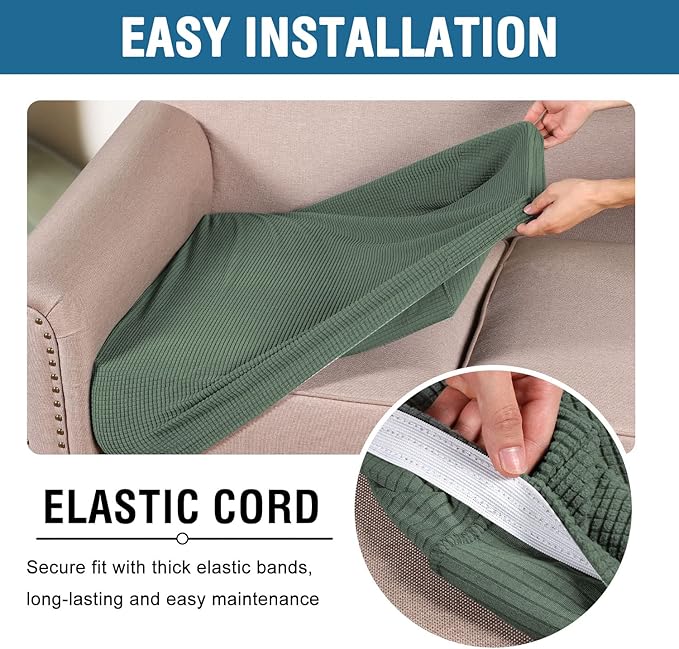 H.VERSAILTEX Super Stretch Individual Seat Cushion Covers Sofa Covers Couch Cushion Covers Slipcover Sets Thick Jacquard Textured Twill Fabric (2 Piece Large Sofa Cushion Covers, Loden Frost)