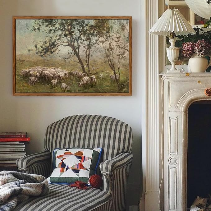 crmotu Vintage Framed Wall Art, Animal Landscape Canvas Prints, Prairie Sheep Rustic Farmhouse Decor Pictures, French Country Retro Paintings Wall Decor Living Room Bedroom Bathroom Kitchen 20x30in