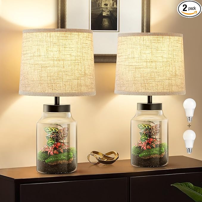 GyroVu Table Lamp Set, Fillable Table Lamp with Clear Glass Nightstand Lamp Set of 2 Beside Lamp for Living Room Bedrooms Office Bulbs Included(Oat Lampshade)