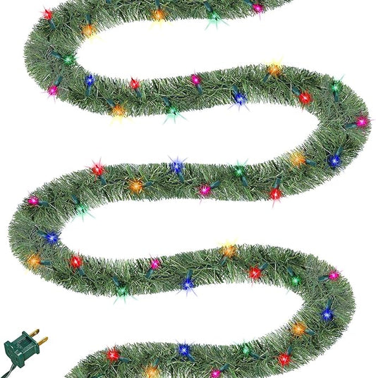 Biswing 50FT Pre-lit Christmas Green Garland, Lighted Artificial Pine Garlands with 100 Count Multicolor Mini Lights, Light Up for Indoor Outdoor Gate Home Winter Holiday New Year Decorations
