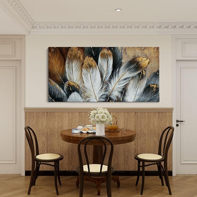 Feather Canvas Wall Art Modern Living Room Bedroom Wall Decoration Large Giclee Print Canvas Painting Artwork for Home Decor One Piece White Gold Brown Feather Picture Ready to Hang 58x29 Size