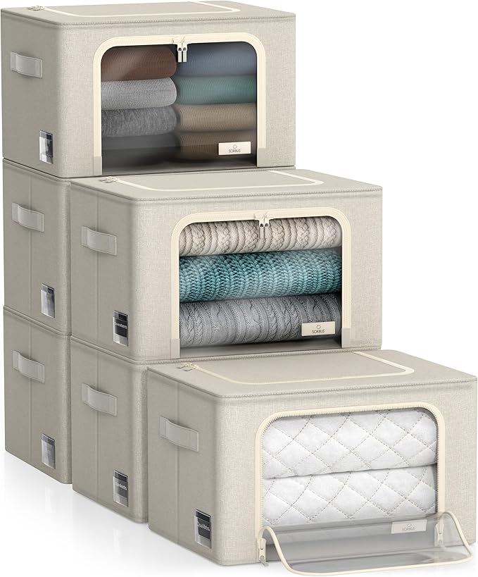 Sorbus Storage Bins with Metal Frame - Stackable & Foldable Clothes Organizer Bags - Oxford Fabric Storage Containers with Large Clear Window & Carry Handles Organization for Bedding Linen & Clothing
