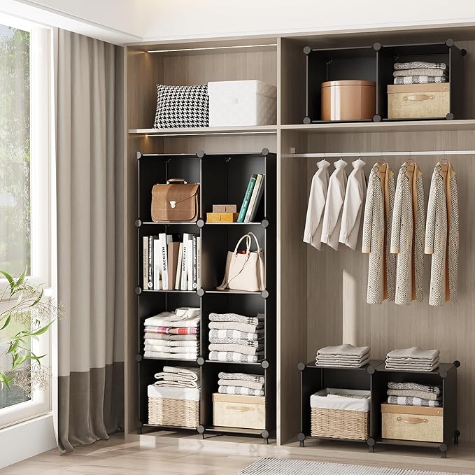 AWTATOS Cube Storage Organizer, 16 Cube Closet Organizer, Stackable Storage Cube Shelves, DIY Portable Closet Clothes Organizer Shelving for Bedroom, Closet, Wardrobe, Bathroom, Black