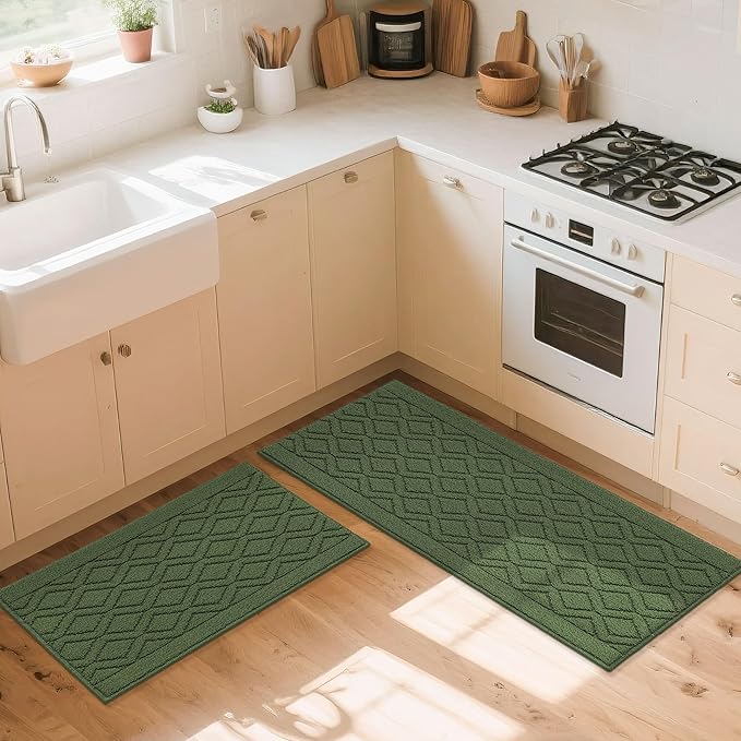 COSY HOMEER 48x20 Inch/30X20 Inch Kitchen Rug Mats Made of 100% Polypropylene 2 Pieces Soft Kitchen Mat Specialized in Anti Slippery and Machine Washable for Home Kitchen,Green