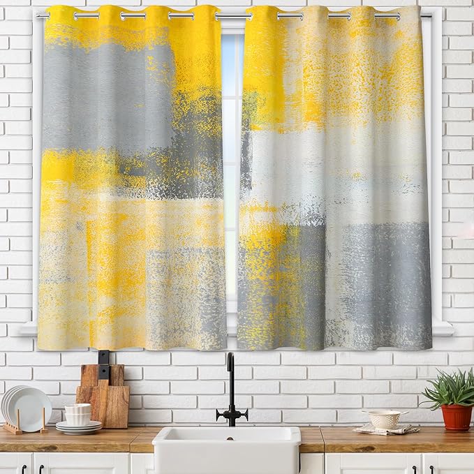 Yellow Window Curtain Yellow Grey Abstract Thermal Insulating Drapes Rust Art Treatment Drapes Modern Curtains for Living Room Bedroom Hotel, 26" x 36", 2 Panels
