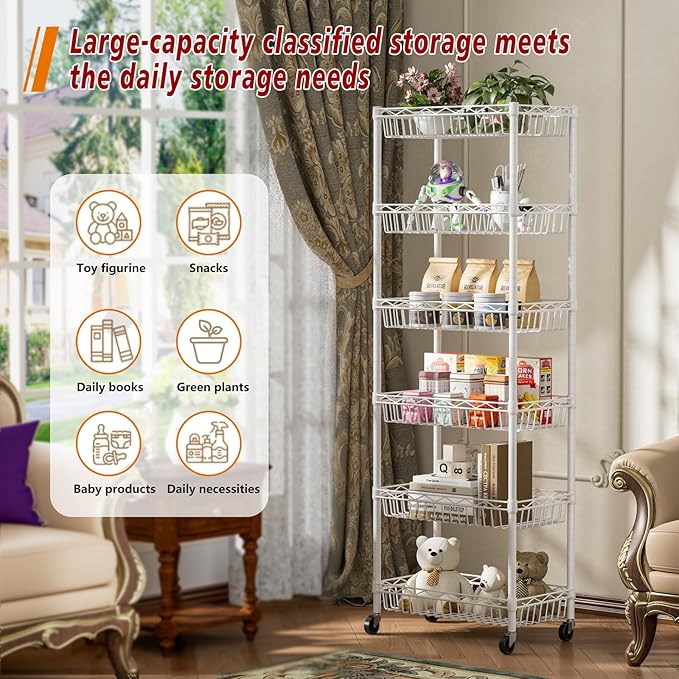 6 Tier Basket Shelf Wire Shelving Unit Adjustable Storage Shelves Big Basket Rack for Garage Kitchen Office Pantry Corner 17.2" Dx12.2 Wx63 H White