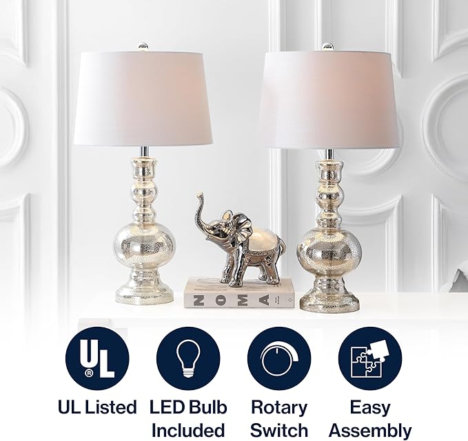 JONATHAN Y JYL1061D-SET2 Set of 2 Table Lamps Genie 28.5" Glass LED Table Lamp Contemporary Transitional Bedside Desk Nightstand Lamp for Bedroom Living Room Office College Bookcase, Mercury Silver