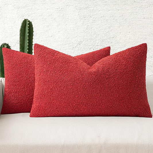 MIULEE 12x20 Inch Decorative Lumbar Throw Pillows for Bed Set of 2 Textured Boucle Neutral Throw Pillow Covers Red Accent Solid Pillowcase Cozy Soft Sofa Livingroom Home Decor