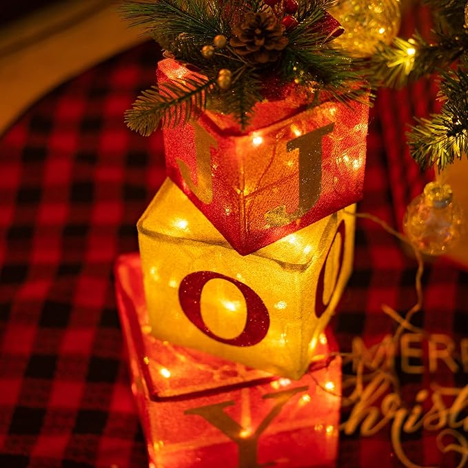 Hourleey Set of 3 Christmas Lighted Gift Boxes, Pre-lit 60 LED Light Up Joy Present Boxes Ornament Decorations for Indoor Outdoor Xmas Tree Home Yard Lawn Decor