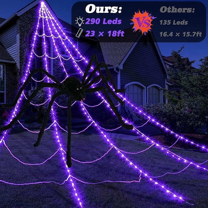 inst Spider Webs Halloween Decorations Outdoor 290LED Halloween Spider Web Lights Decoration with 78.7'' Large Spider & 3.53oz Stretch Cobweb 23Ft Giant Lighted Web with 8 Modes (Purple)