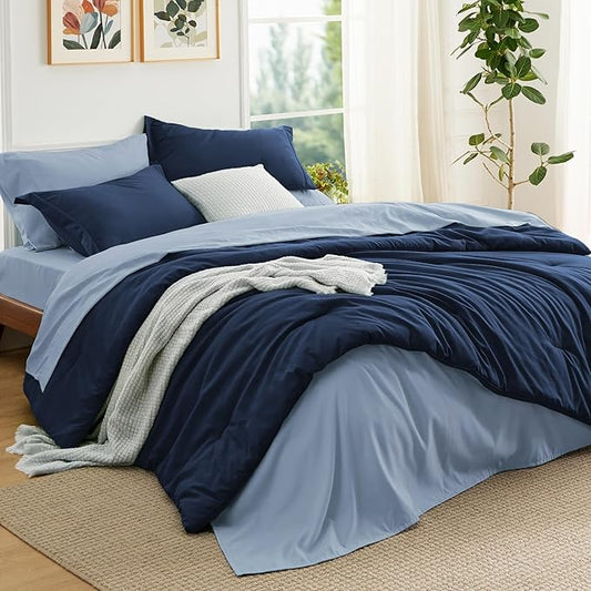 Bedsure Full Size Comforter Set - 7 Pieces Navy Full Bedding Set for All Seasons, Boho Contrasting Design Bed in a Bag with Comforter, Sheets, Pillowcases & Shams