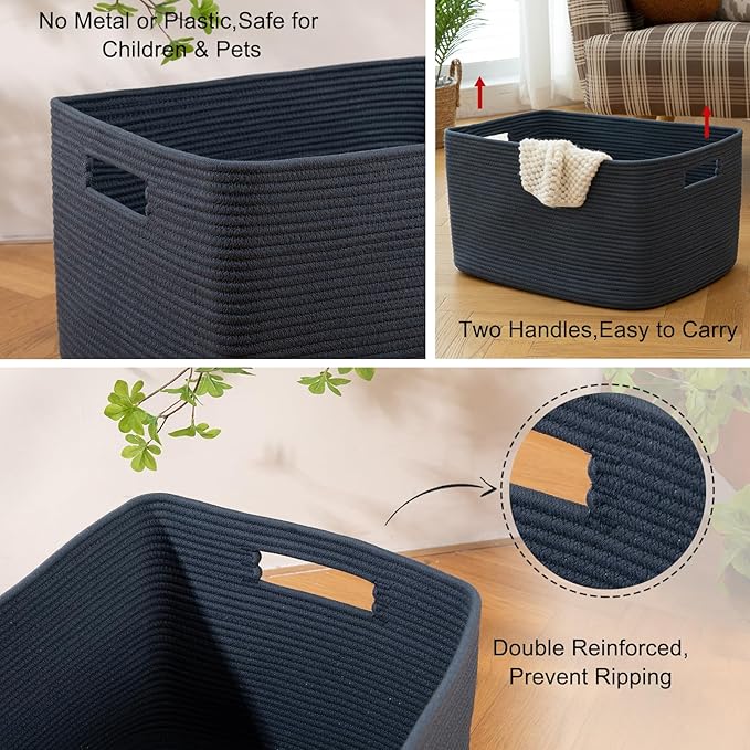 OIAHOMY 75L Large Blanket Basket, Woven Storage Basket with Handle, Cotton Rope Basket 22”x17”x12”,Blanket Basket Living Room, Toy Basket for Nursery, Blue