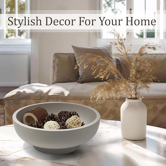 Large Decorative Bowl, Fruit Bowl for Kitchen Counter, Modern Resin Bowl for Home Decor, Key Holder for Entry Table, Grey