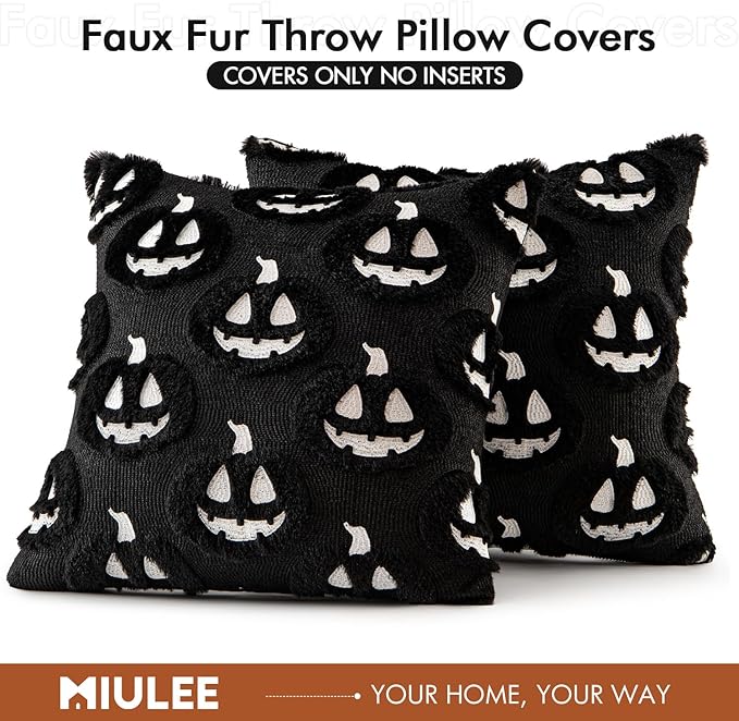 MIULEE Fall Halloween Throw Pillow Covers 18x18 Decorative Pumpkin Pattern Pillowcases Soft Plush Faux Wool Cushions for Home Patio Sofa Couch,Black