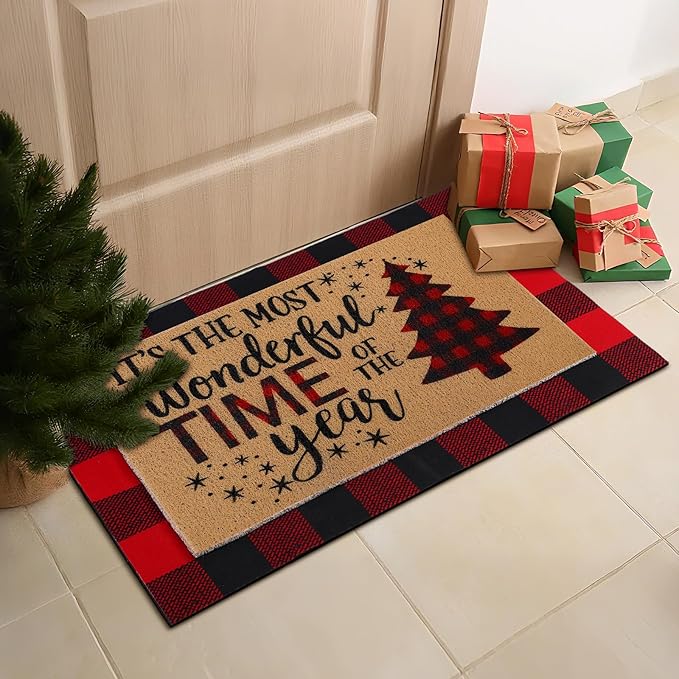 2 Pcs Christmas Tree Door Mat Welcome Non Slip Coir Mats Merry Xmas Black Red Buffalo Plaid Floor Layering Doormats Seasonal for Front Porch Entryway Decor(Christmas Tree)